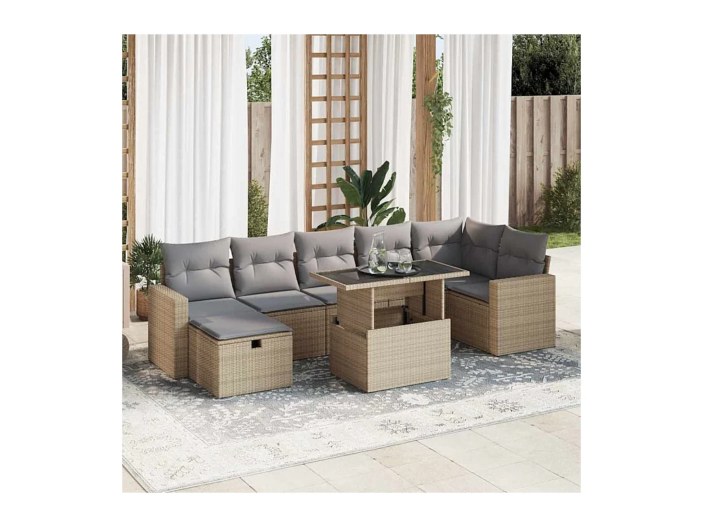 Salon de jardin avec coussins 8 pièces beige résine tressée