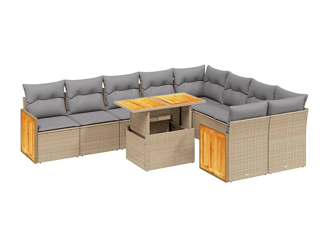 Salon de jardin avec coussins 10 pièces beige résine tressée