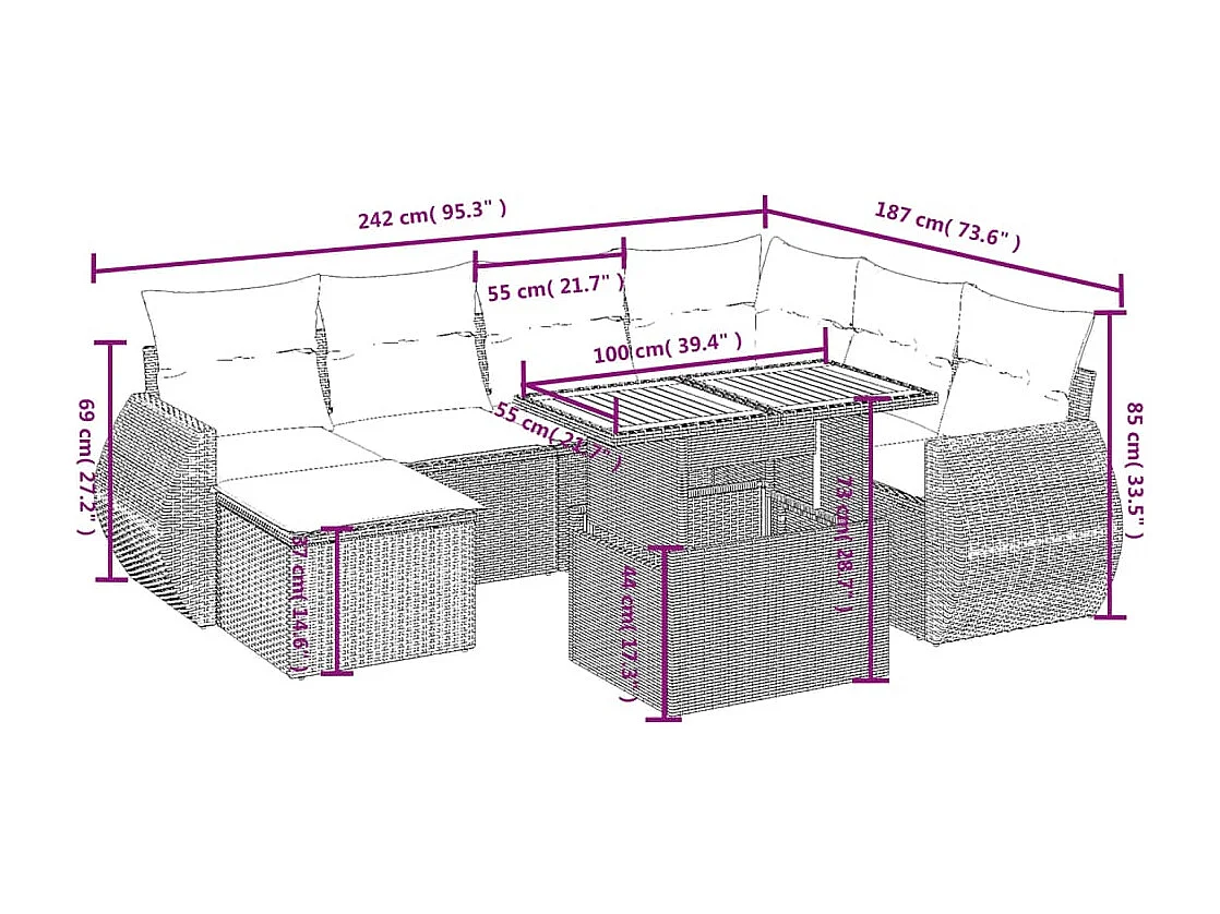 8 peças conjunto de sofás para jardim com almofadões vime PE bege