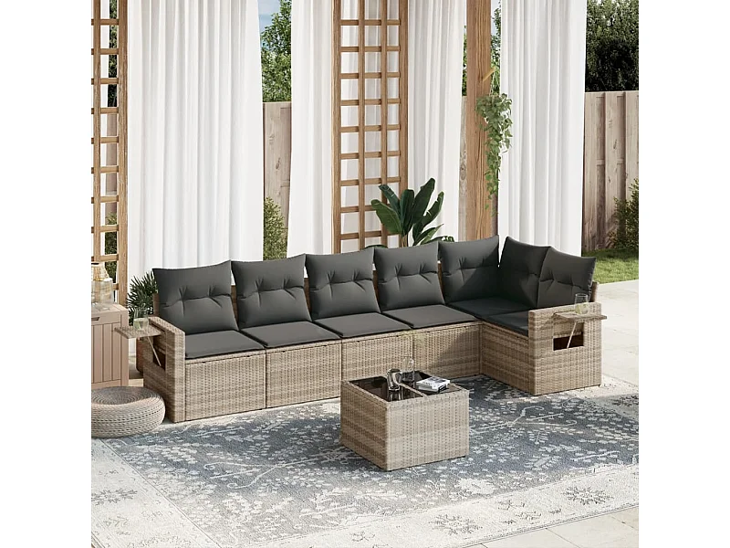 Set de sofás de jardín 7 piezas con cojines ratán PE gris claro