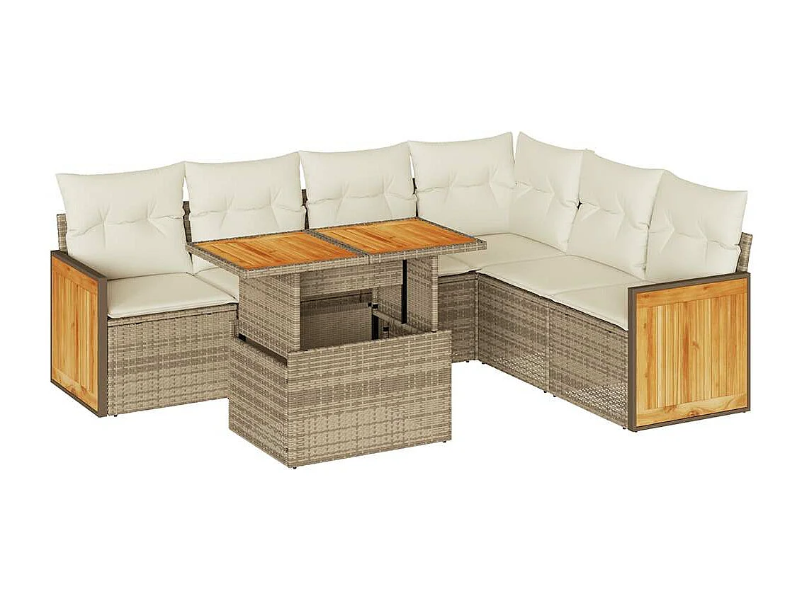Salon de jardin avec coussins 7 pièces beige résine tressée acacia