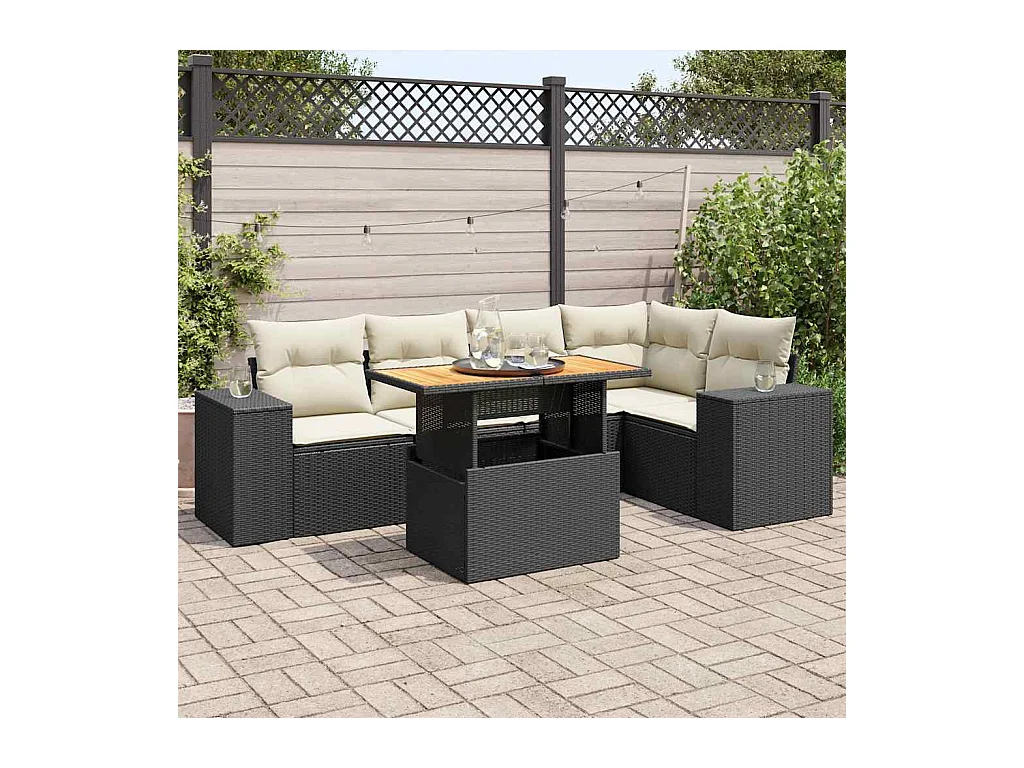 Salon de jardin 6 pièces avec coussins noir résine tressée