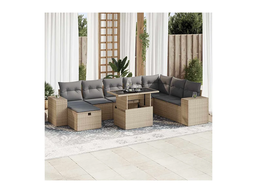 Salon de jardin avec coussins 9 pièces beige résine tressée