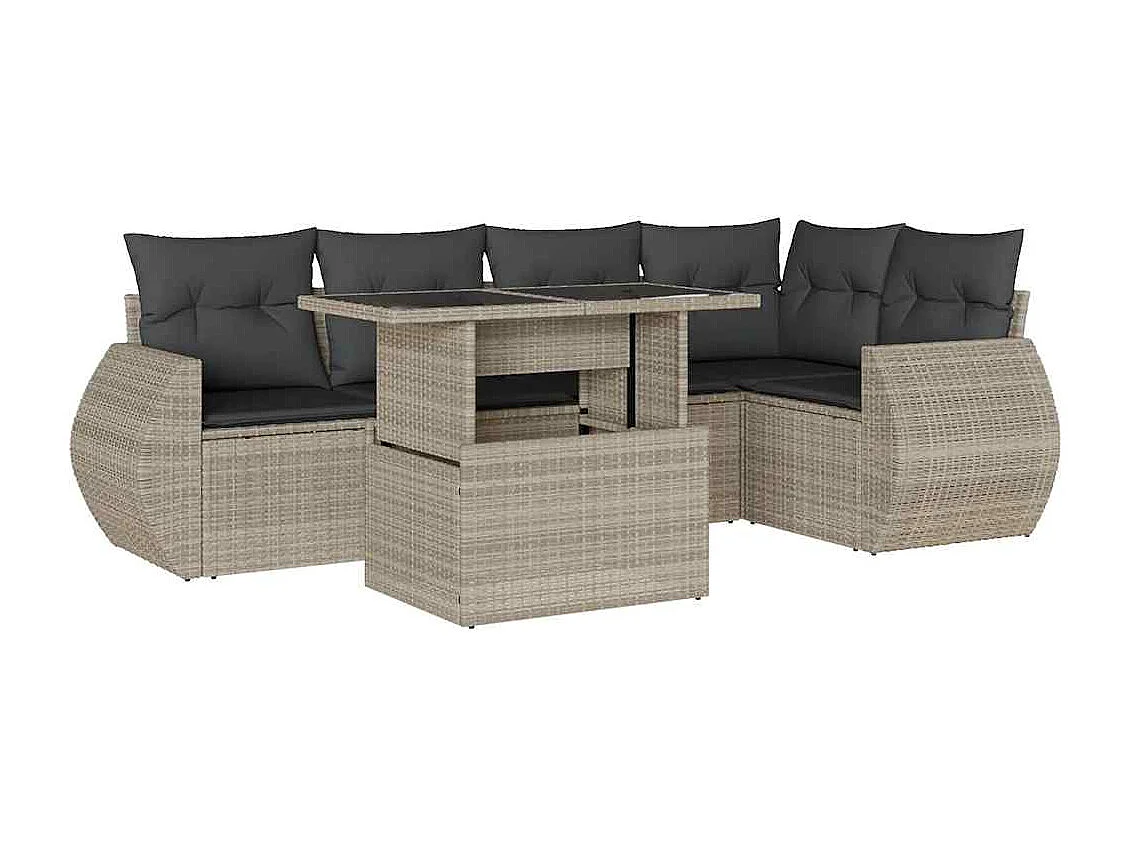 6 peças conj. sofás jardim com almofadões vime PE cinzento-claro