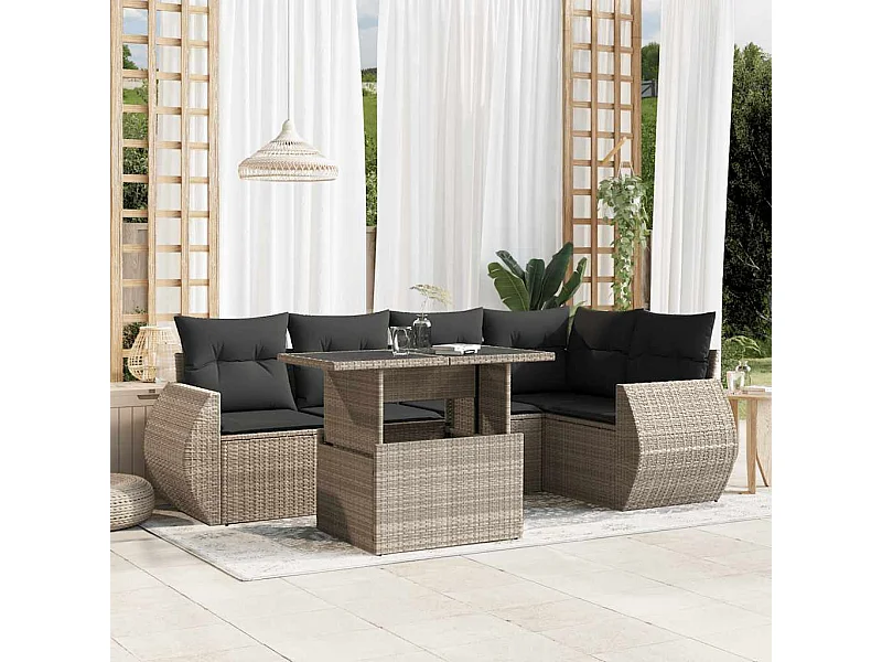6-delige Loungeset met kussens poly rattan lichtgrijs