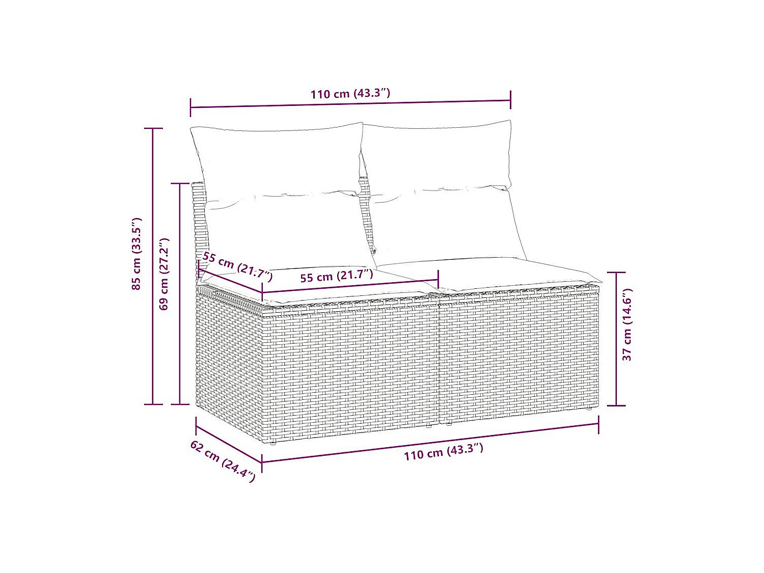 Salon de jardin 2 pièces avec coussins noir résine tressée acacia