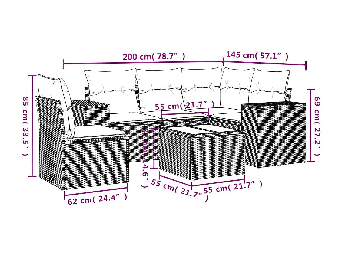 6-delige Loungeset met kussens poly rattan bruin