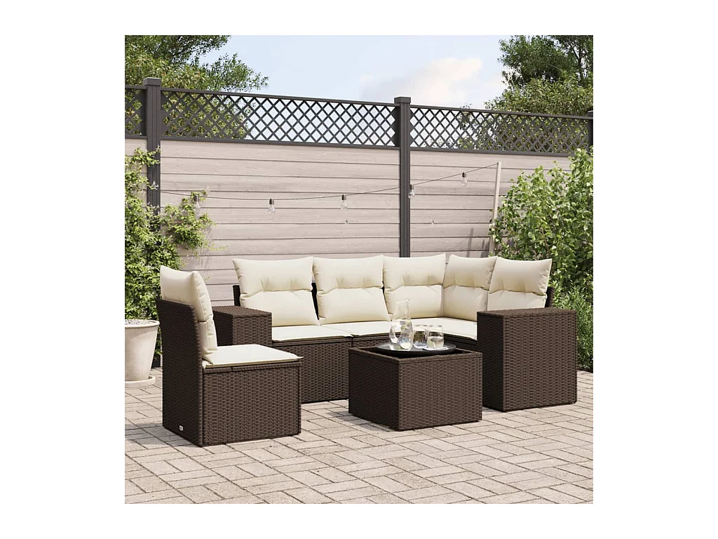 6 peças conjunto de sofás jardim com almofadões vime PE castanho