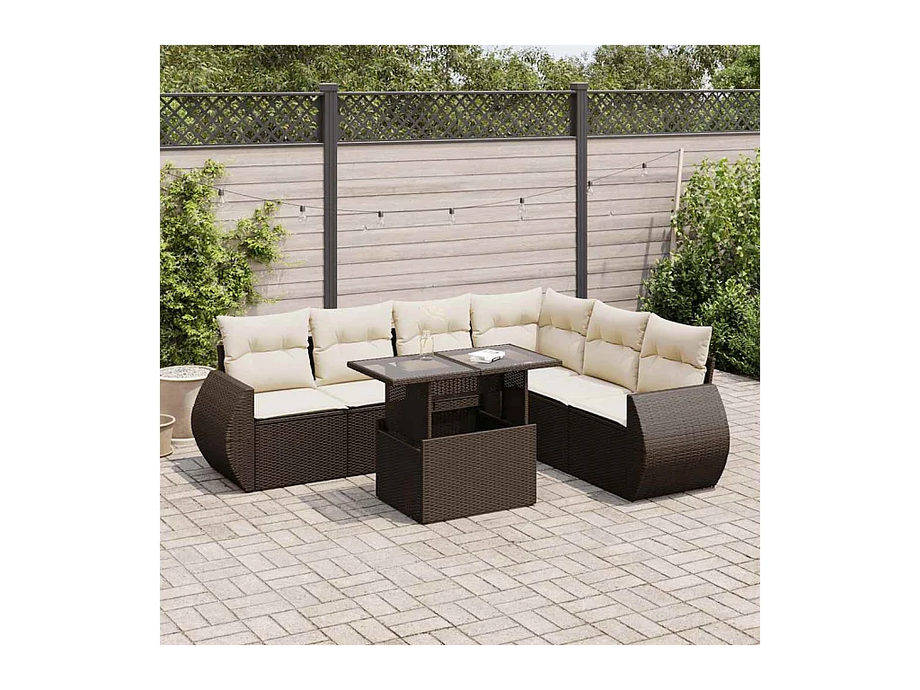 Salon de jardin avec coussins 7 pièces marron résine tressée