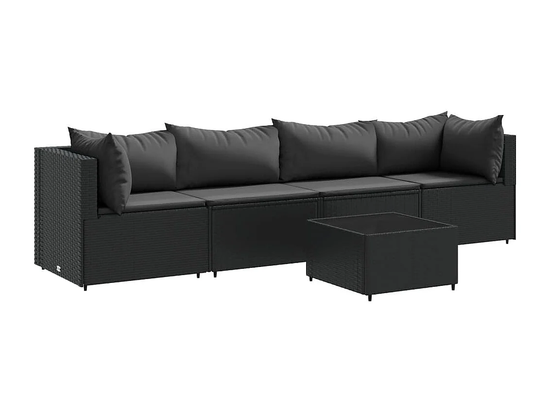 5-delige Loungeset met kussens poly rattan zwart