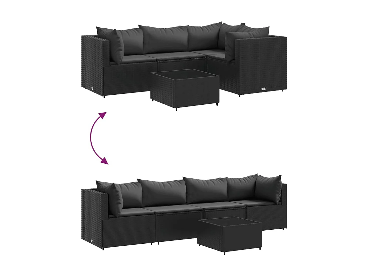 5-delige Loungeset met kussens poly rattan zwart