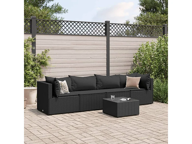 Salon de jardin 5 pièces avec coussins Noir Résine tressée