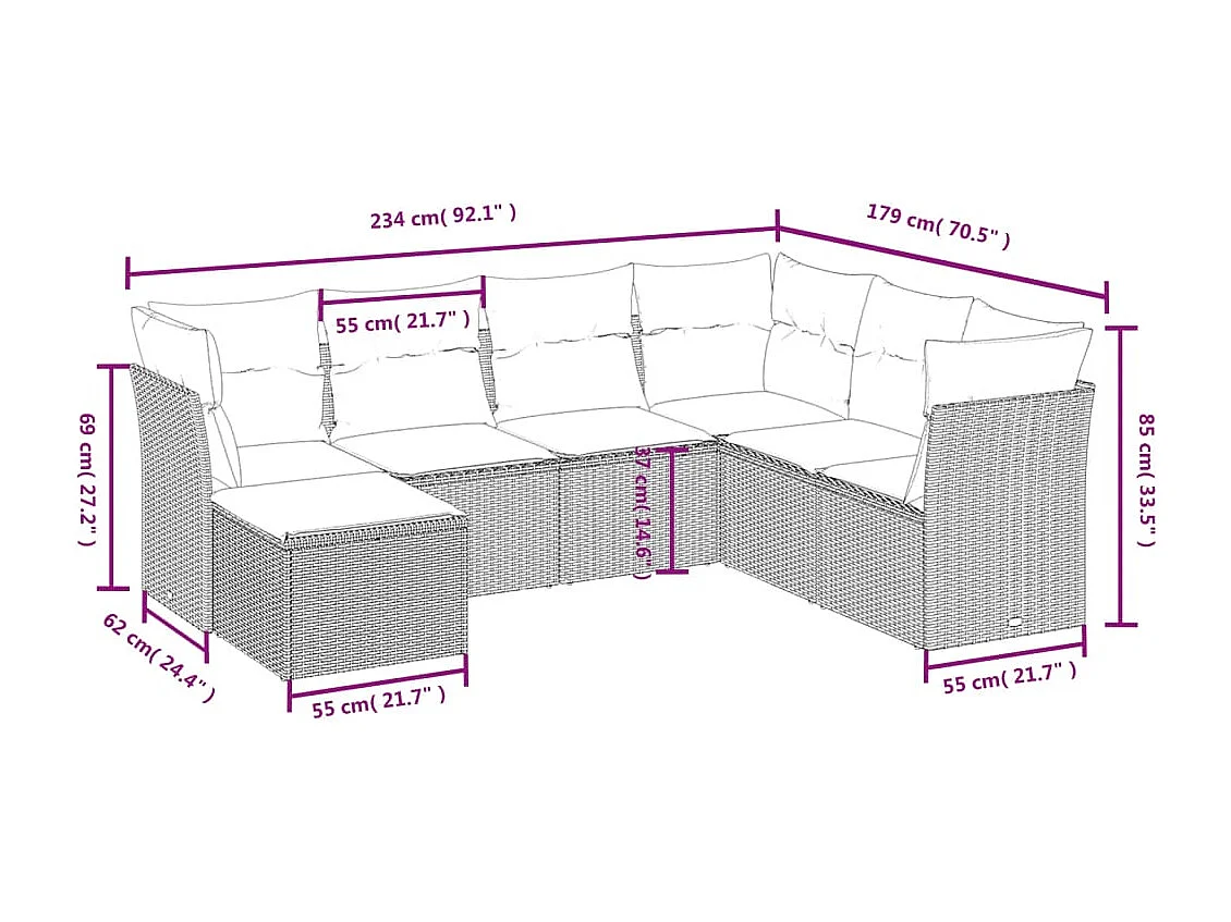 Salon de jardin avec coussins 7 pièces gris clair résine tressée