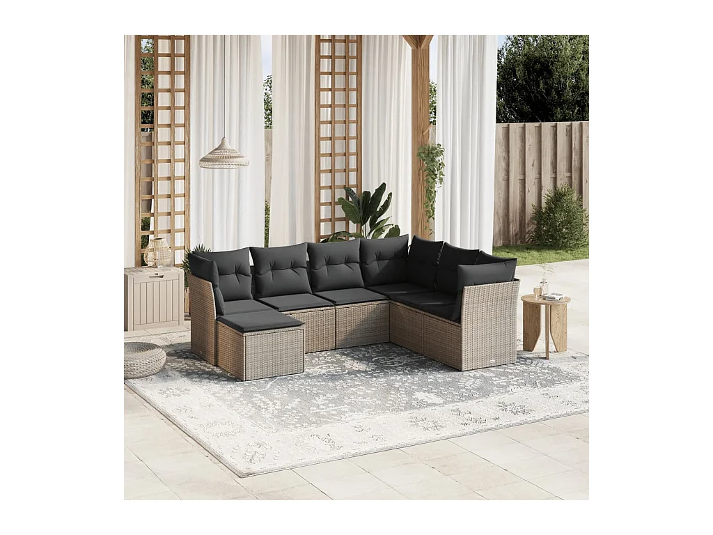 Set de sofás de jardín 7 piezas con cojines ratán PE gris claro