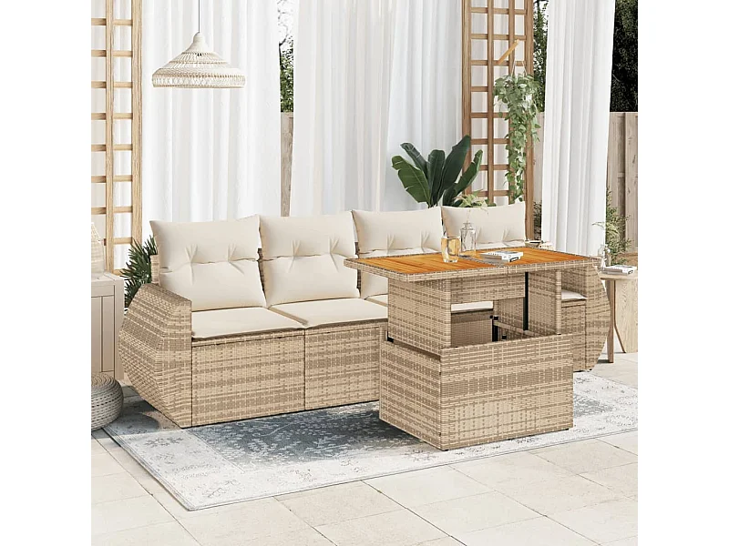 5-delige Loungeset met kussens poly rattan beige