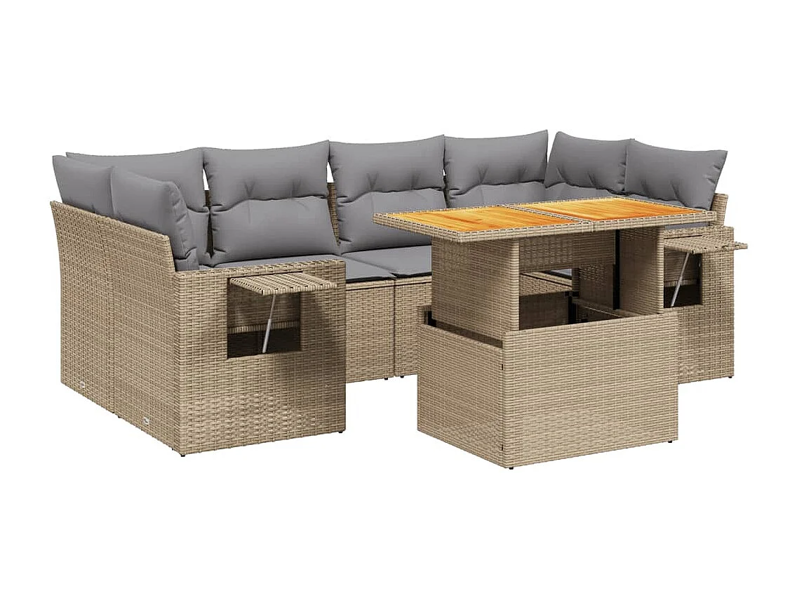 Set sofás de jardín 7 piezas y cojines ratán sintético beige