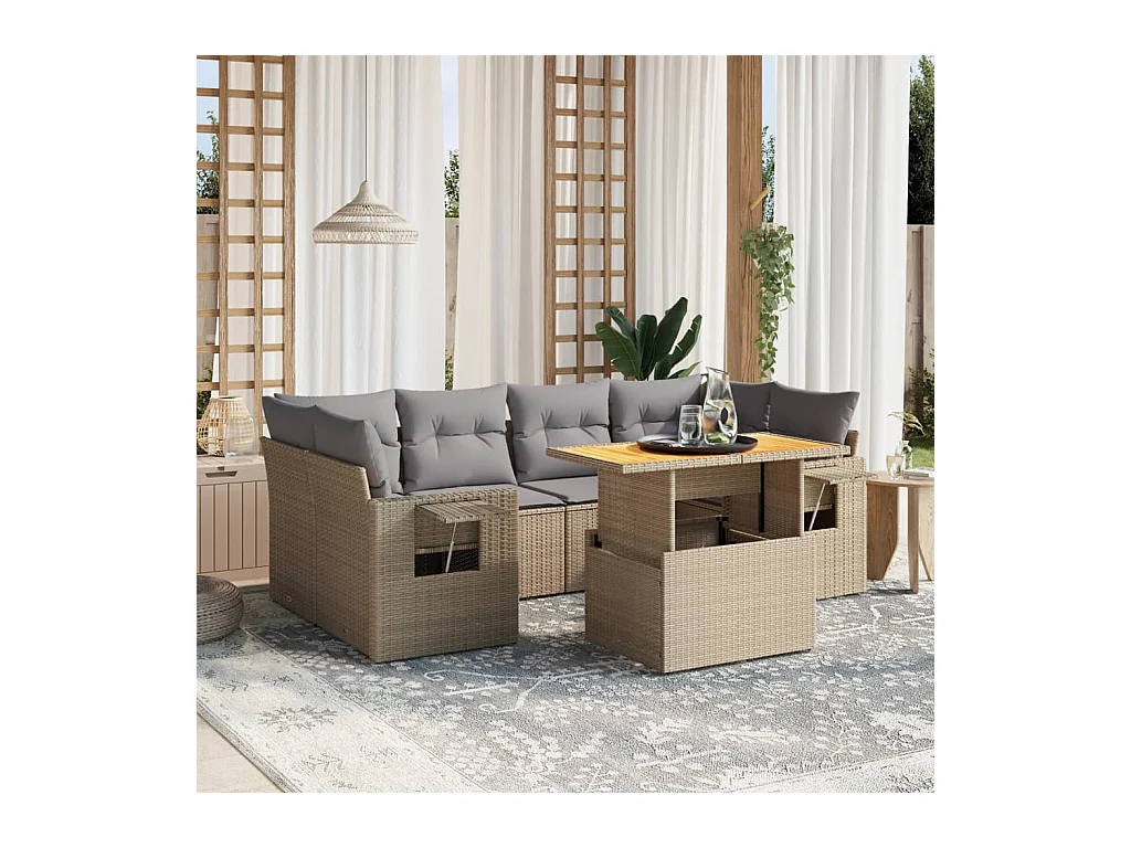 7-delige Loungeset met kussens poly rattan beige