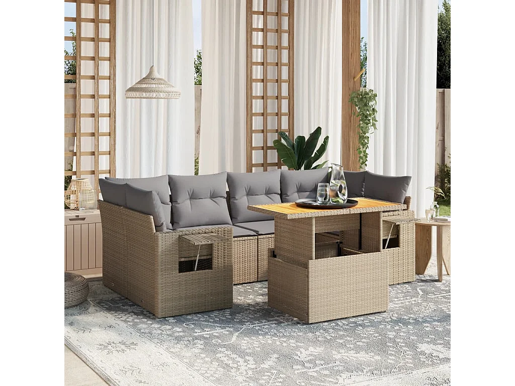 Salon de jardin avec coussins 7 pièces beige résine tressée