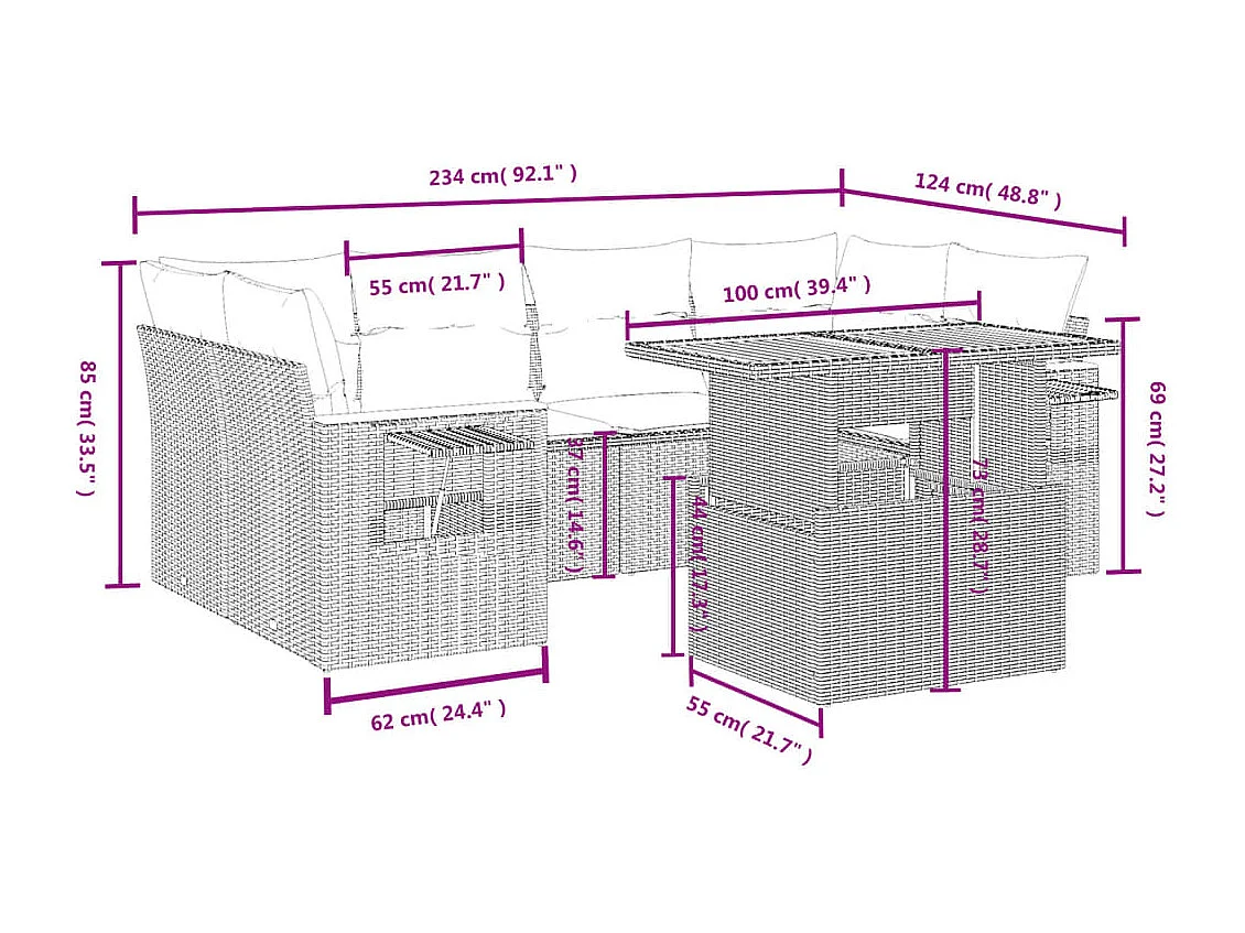 Salon de jardin avec coussins 7 pièces beige résine tressée