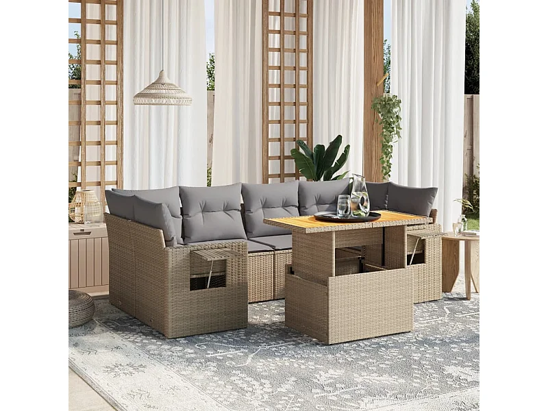 Salon de jardin avec coussins 7 pièces beige résine tressée