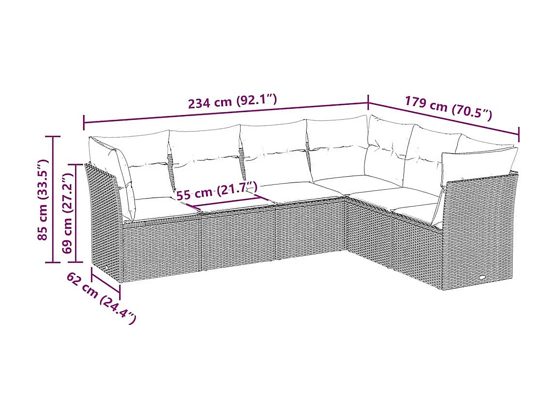 Salon de jardin 6 pièces avec coussins gris clair résine tressée