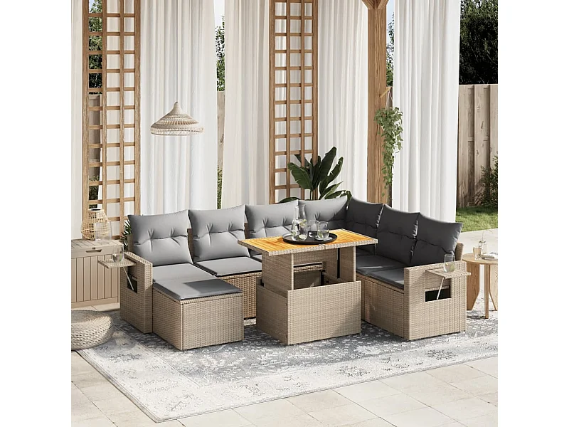 8-delige Loungeset met kussens poly rattan beige