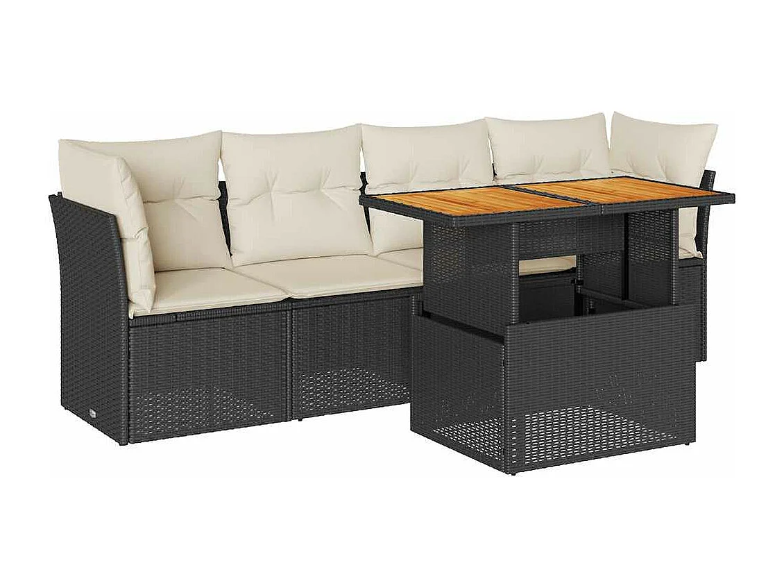 5 peças conjunto sofás de jardim com almofadões vime PE preto