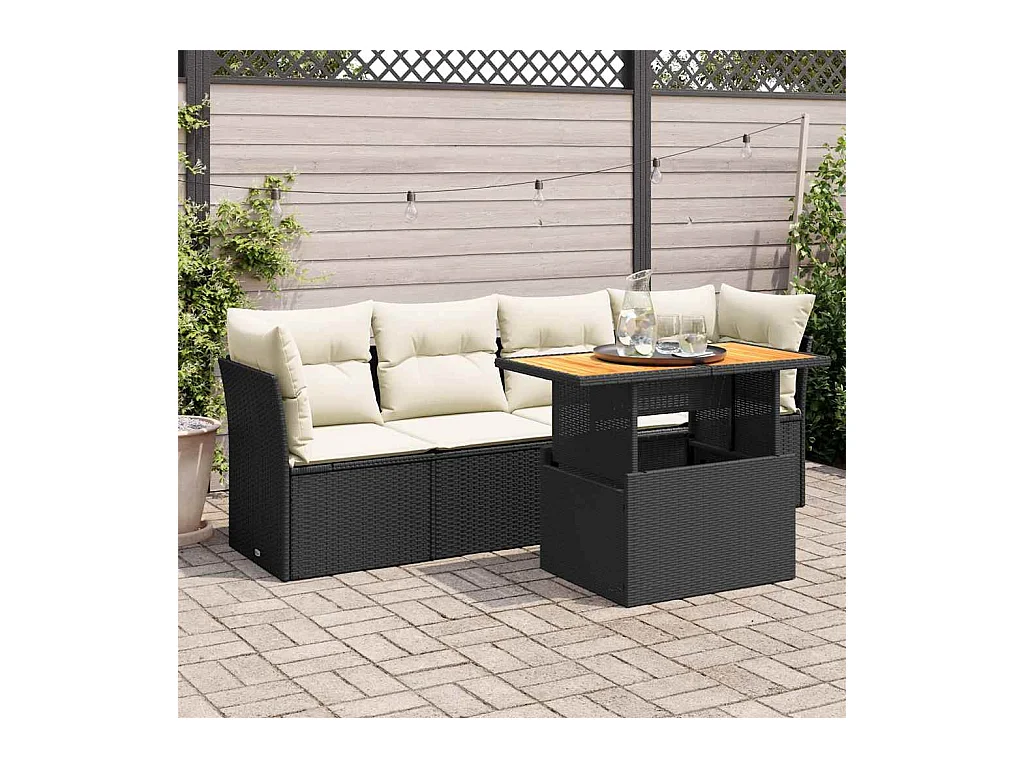 5-delige Loungeset met kussens poly rattan zwart