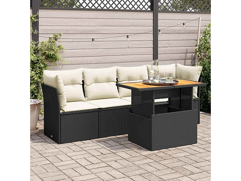 5-delige Loungeset met kussens poly rattan zwart