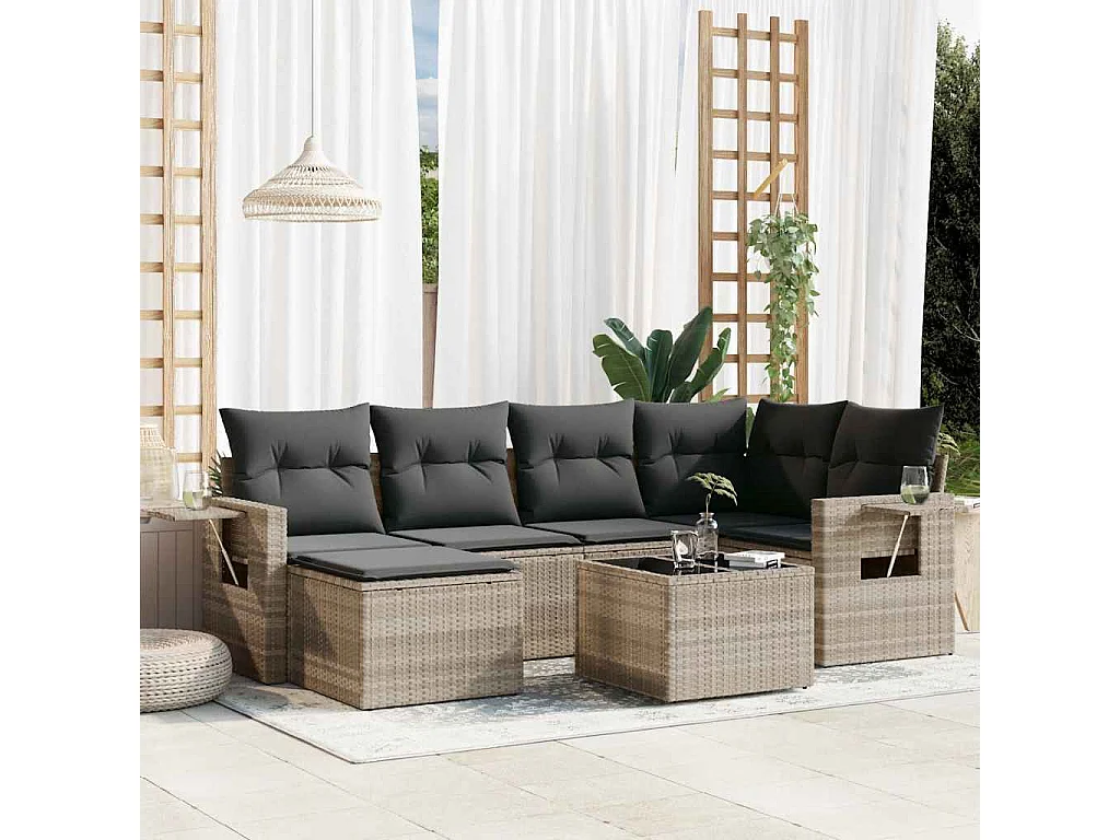 Salon de jardin avec coussins 7 pièces gris clair résine tressée