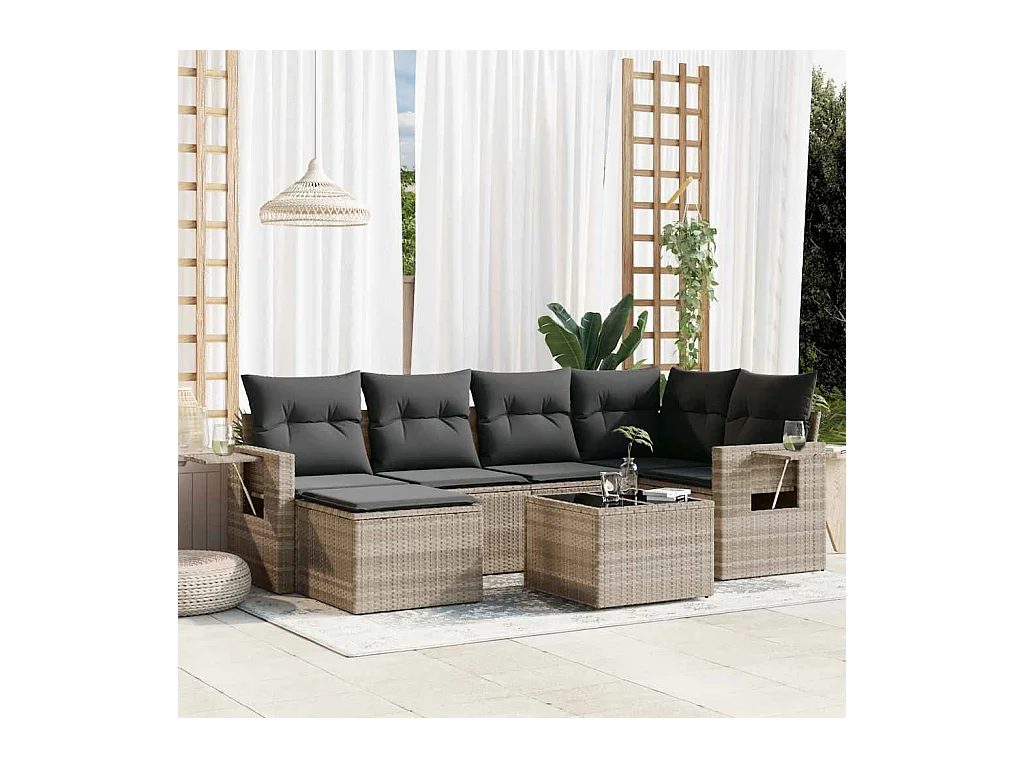 Set de sofás de jardín 7 piezas con cojines ratán PE gris claro