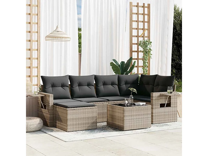 Salon de jardin avec coussins 7 pièces gris clair résine tressée