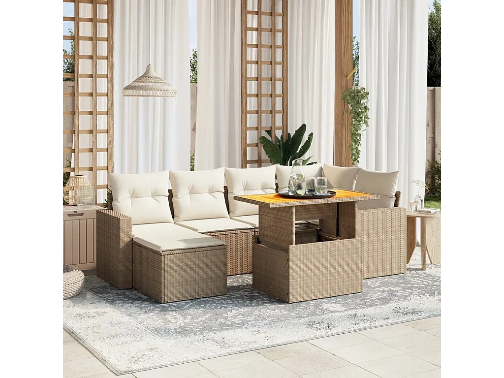 7 peças conjunto de sofás para jardim com almofadões vime PE bege