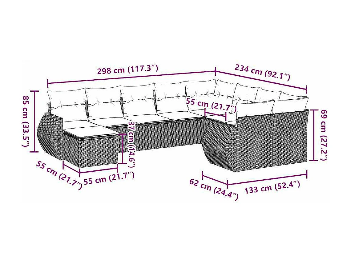 Set sofás jardín 10 piezas con cojines ratán sintético gris claro