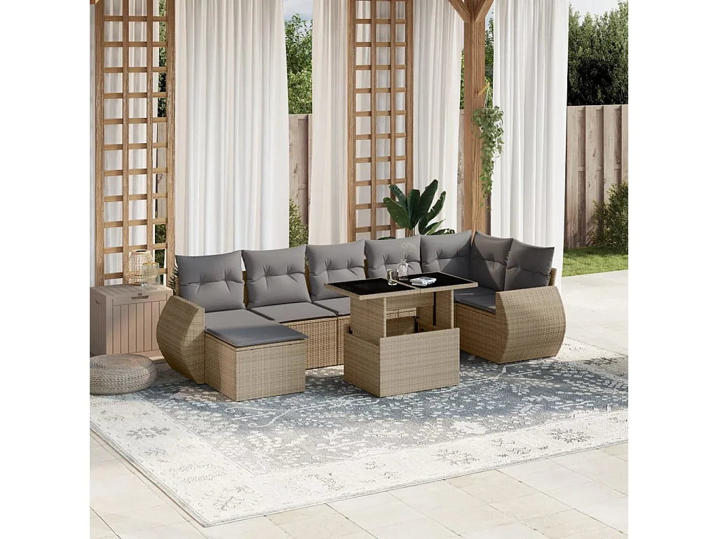 Salon de jardin avec coussins 8 pièces beige résine tressée