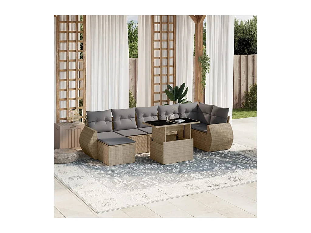 8-delige Loungeset met kussens poly rattan beige