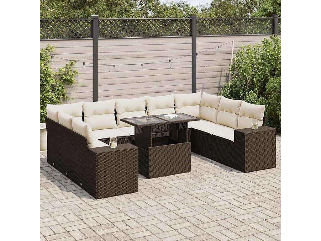 10-delige Loungeset met kussens poly rattan bruin