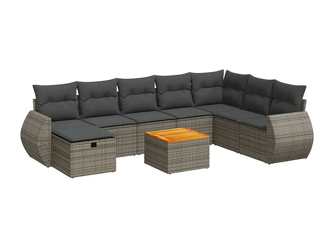 Set de sofás de jardín con cojines 9 piezas ratán sintético gris