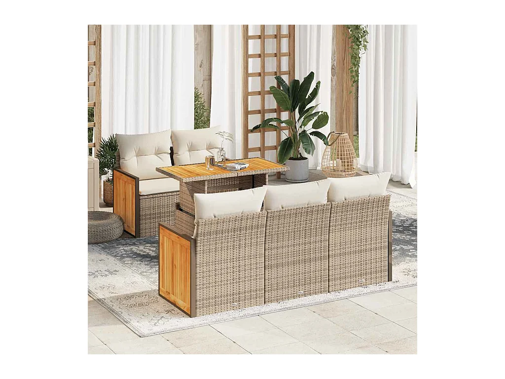 Salon de jardin 6 pièces avec coussins beige résine tressée acacia