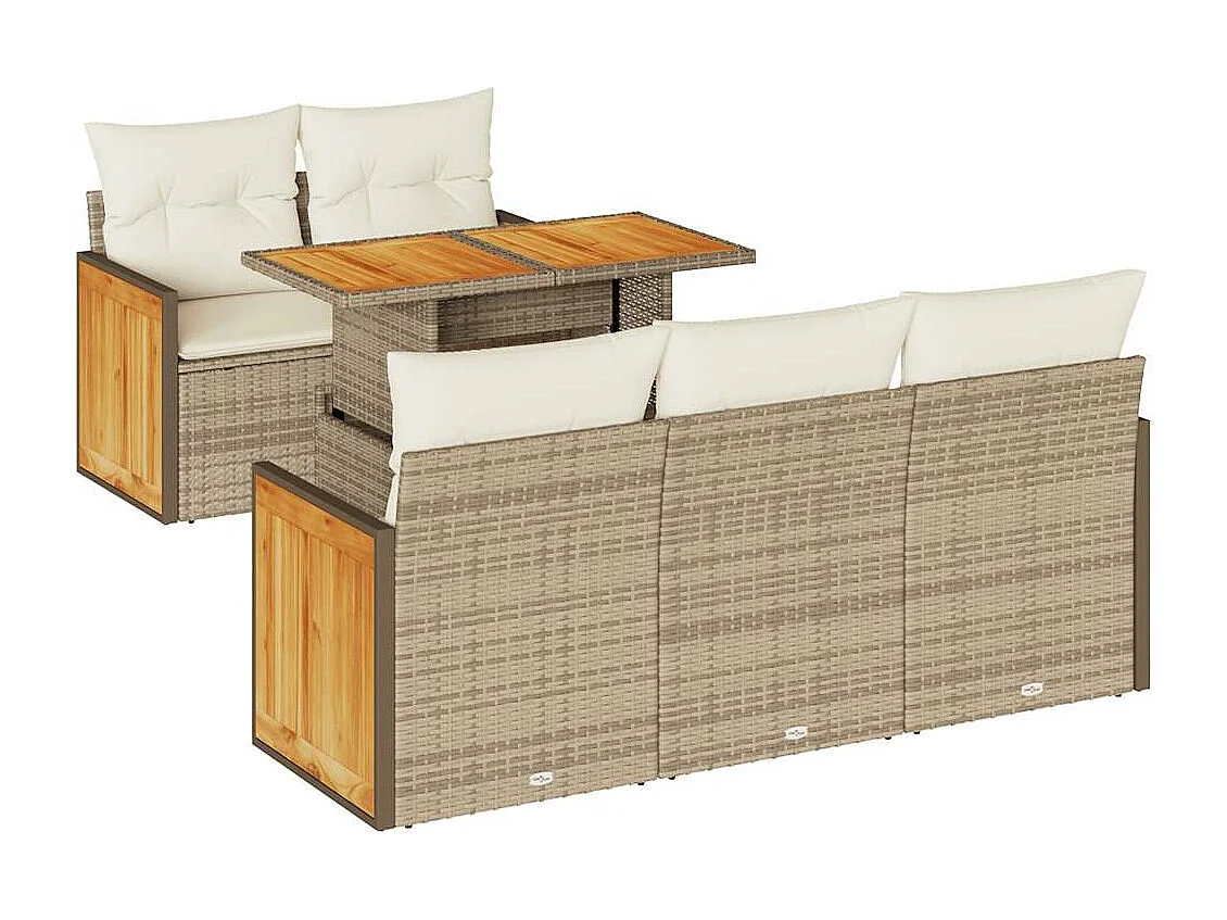 Salon de jardin 6 pièces avec coussins beige résine tressée acacia
