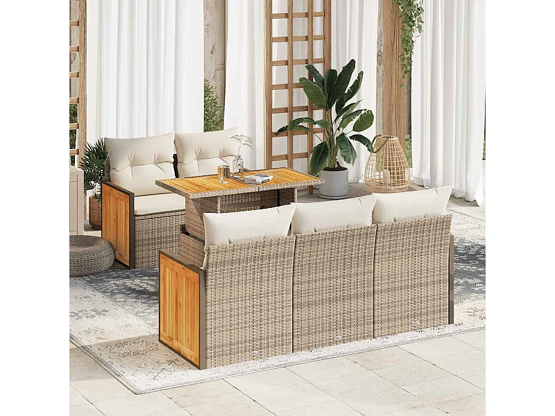 Salon de jardin 6 pièces avec coussins beige résine tressée acacia
