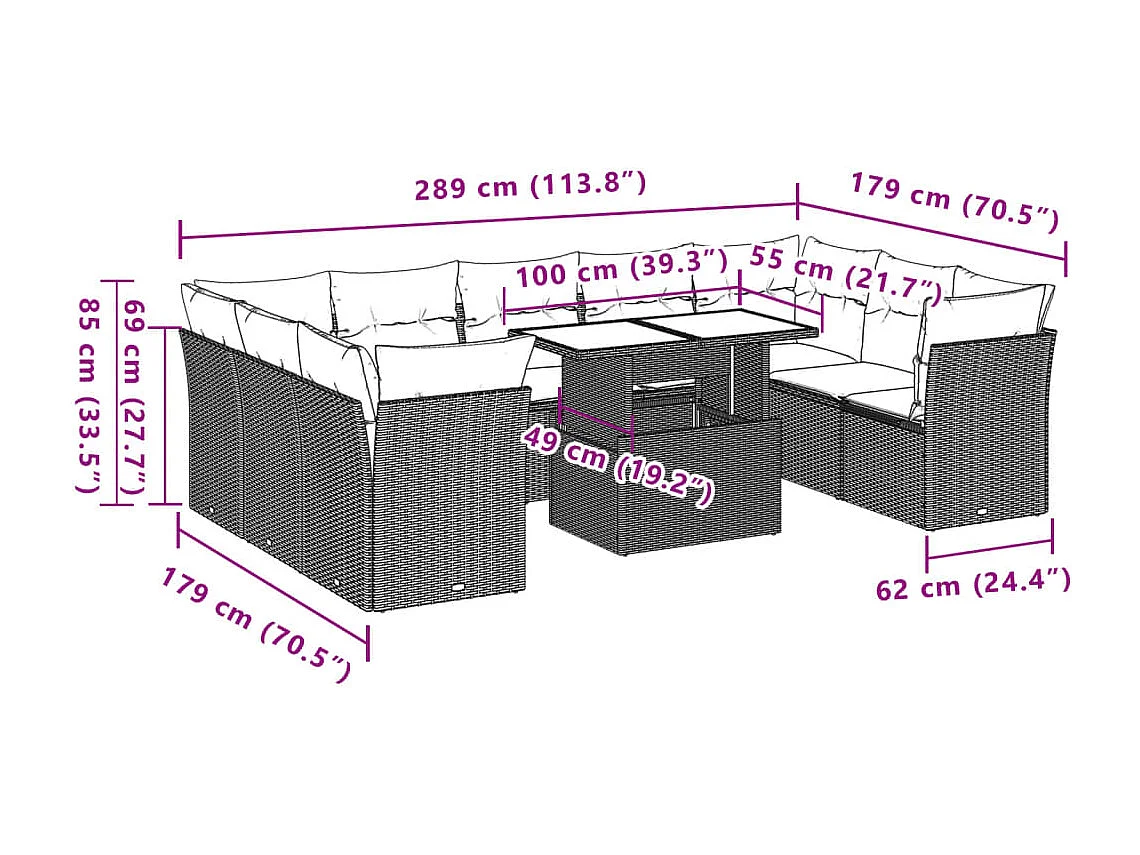10-delige Loungeset met kussens poly rattan bruin