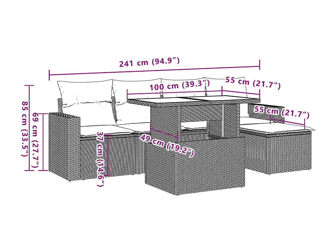 6-delige Loungeset met kussens poly rattan beige
