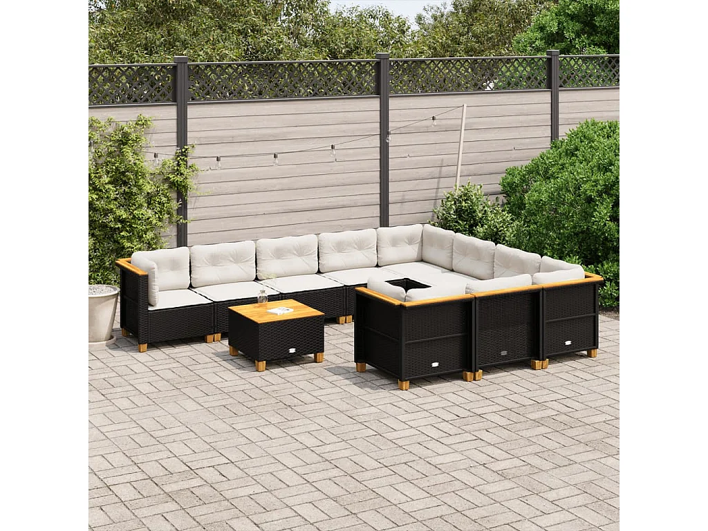 11-delige Loungeset met kussens poly rattan zwart