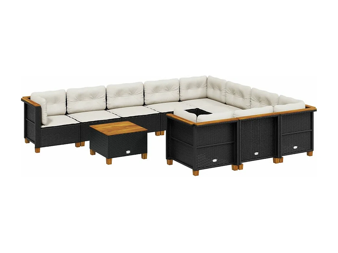 11-delige Loungeset met kussens poly rattan zwart
