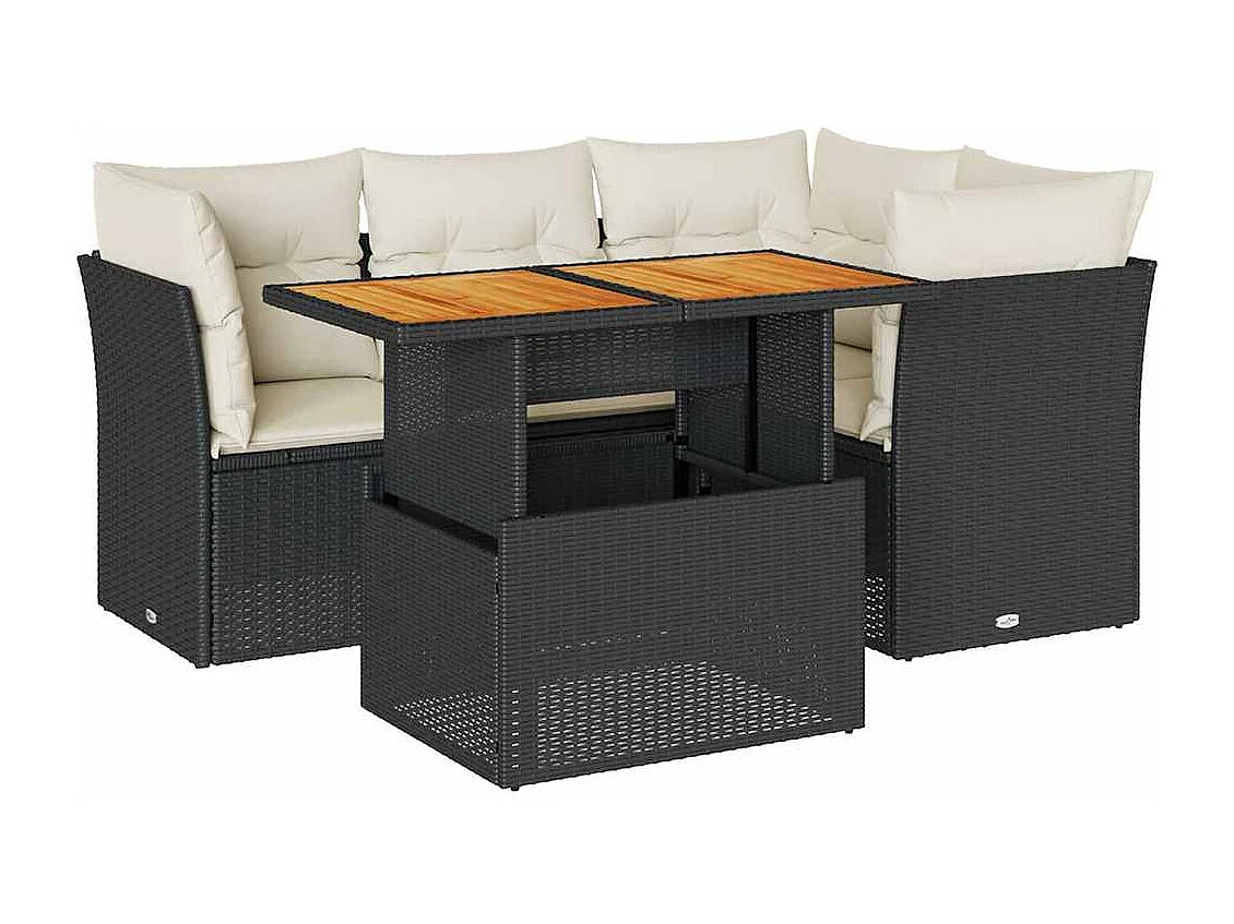 5 peças conjunto sofás de jardim com almofadões vime PE preto