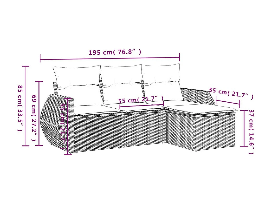 4-delige Loungeset met kussens poly rattan bruin