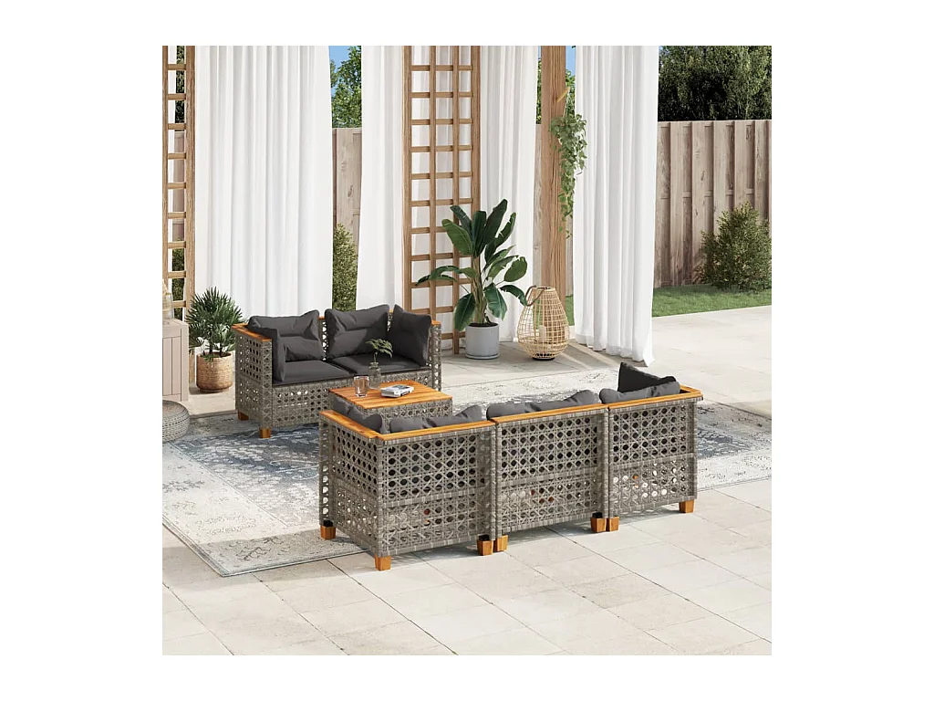 6 peças conjunto sofás de jardim com almofadões vime cinzento