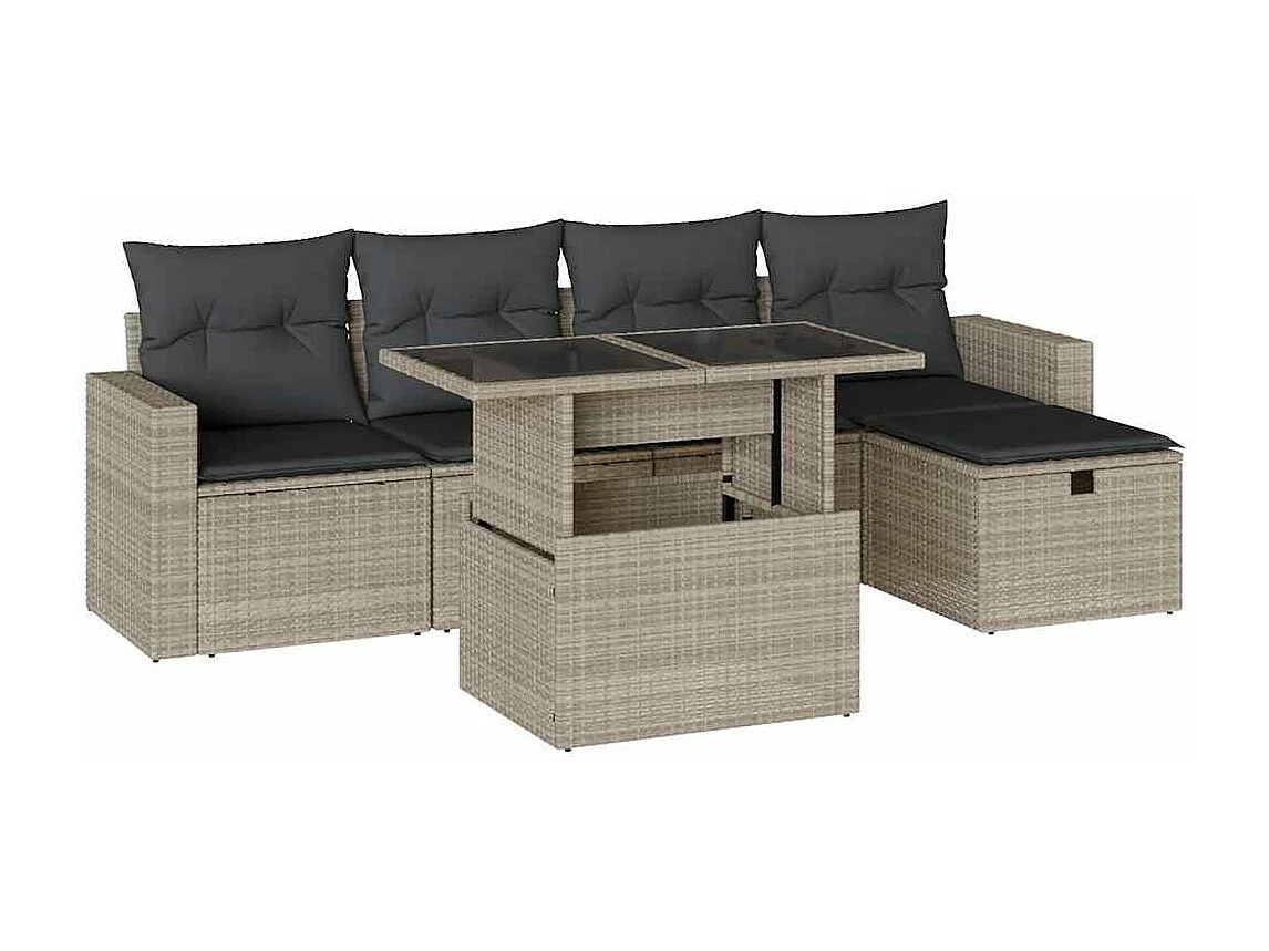 Set de sofás de jardín 6 piezas y cojines ratán sintético gris