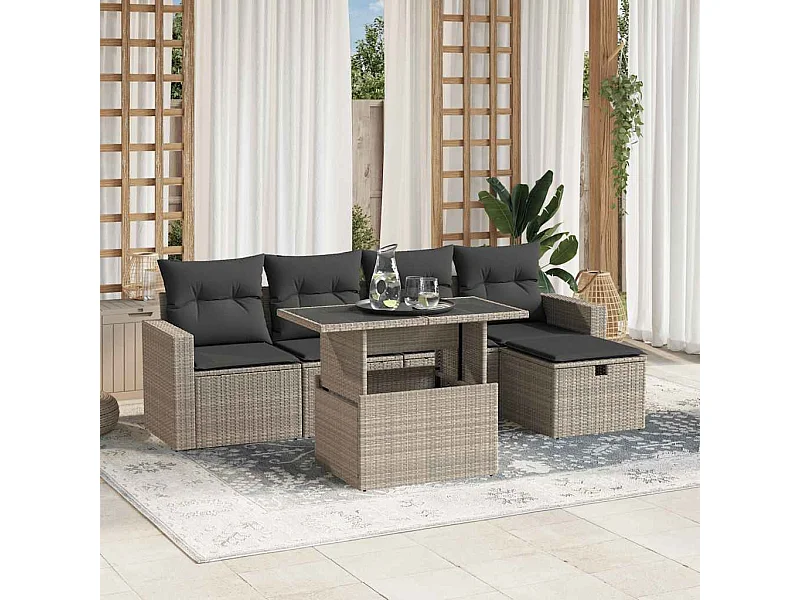 Set de sofás de jardín 6 piezas y cojines ratán sintético gris